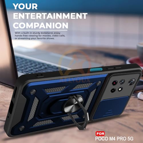 Image of Armor Bumper Back Cover Case for Poco M4 Pro 5G / Redmi Note 11T 5G Rotating Camera Cover, Ring Holder & Kickstand | Heavy Duty & 360 Degree Protection Back Cover (Blue)