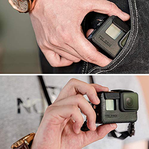 Image of TELESIN PU Leather Case for GoPro Hero 8 for Hero 5 6 7 Black Frame Cover Mini Protector Black Brown with Long Strap Accessories (for Hero8, Black)