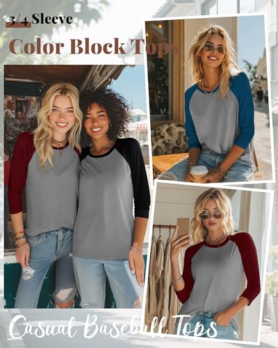 Huukeay 3 Pack Women's 3/4 Sleeve Raglan Shirts, Crew Neck Cotton Blend Casual Baseball Tops Color Block Basic Jersey Tees4