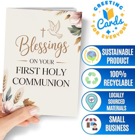 First Communion Card for Girls or Boys - Religious Catholic Christian Greeting Card for Kids - Heartfelt Blesings on Your Holy Communion Greeting Cards or Gift from Godparents, Parents - NUM 417
