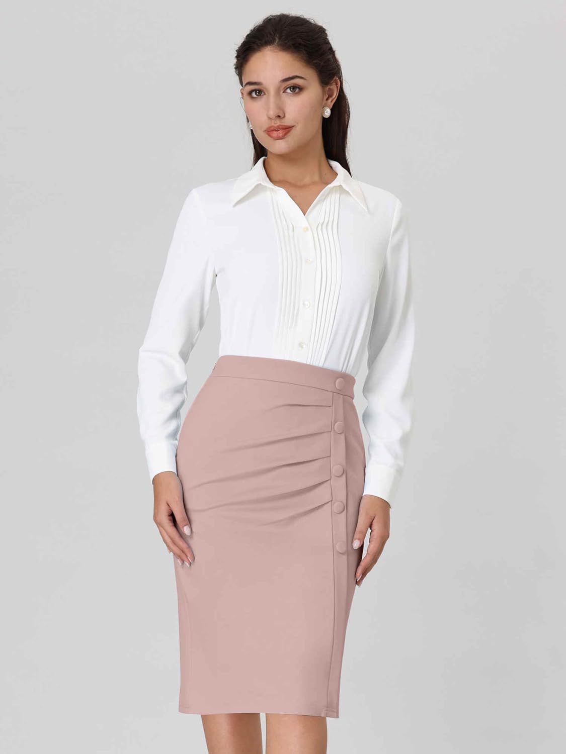 Women's Wear to Work Pencil Skirt Elastic High Waist Ruched Bodycon Midi Skirts - Image 2