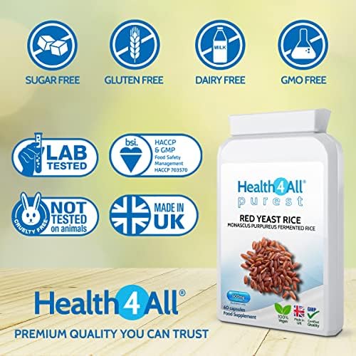 Red Yeast Rice 600mg 120 Capsules (V) . Purest- no additives. Vegan. Highest Safe Dosage 2400mg a Day. Made by Health4All