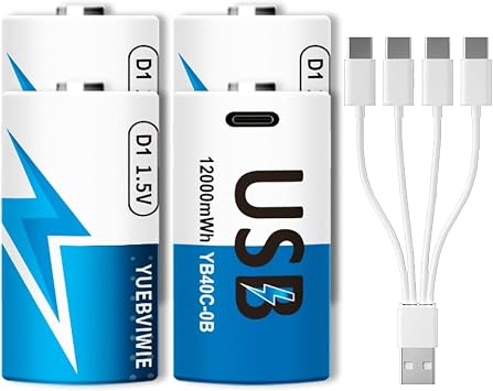 Rechargeable Lithium D Batteries with 4 in 1 USB-C Charge Cable, 4 Pack D Cell Li-ion Battries, LR20 1.5V D Size Cell Battery Replacement 12000mWh for Floodlight Toys Clocks Gas Stove4 Pcs