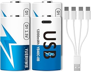Rechargeable Lithium D Batteries with 4 in 1 USB-C Charge Cable, 4 Pack D Cell Li-ion Battries, LR20 1.5V D Size Cell Battery Replacement 12000mWh for Floodlight Toys Clocks Gas Stove(4 Pcs)