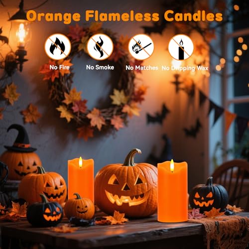 Image of Orange Flameless Candles Set of 2, 6 inchx3 inch Fall Candles with Remote & Timer
