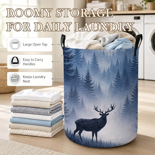 Image of Deer Forest Laundry Basket, Winter Landscape Collapsible Laundry Hamper Waterproof Oxford Cloth With Handles, Clothes Storage Bucket For Bathroom /Bedroom 16 inch x 20.8 inch