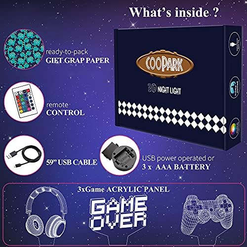 Gioco pixel sulla lampada illusione, luce notturna 3D gamepad (3 modelli) con telecomando 16 decorazioni per sala giochi che cambiano coloreI migliori regali di compleanno di Natale per bambini