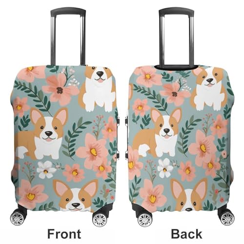 Corgi Floral Flowers Spring Garden Luggage Cover, Washable Elastic Suitcase Cover Protector Fit 18-32 Inch Luggage3