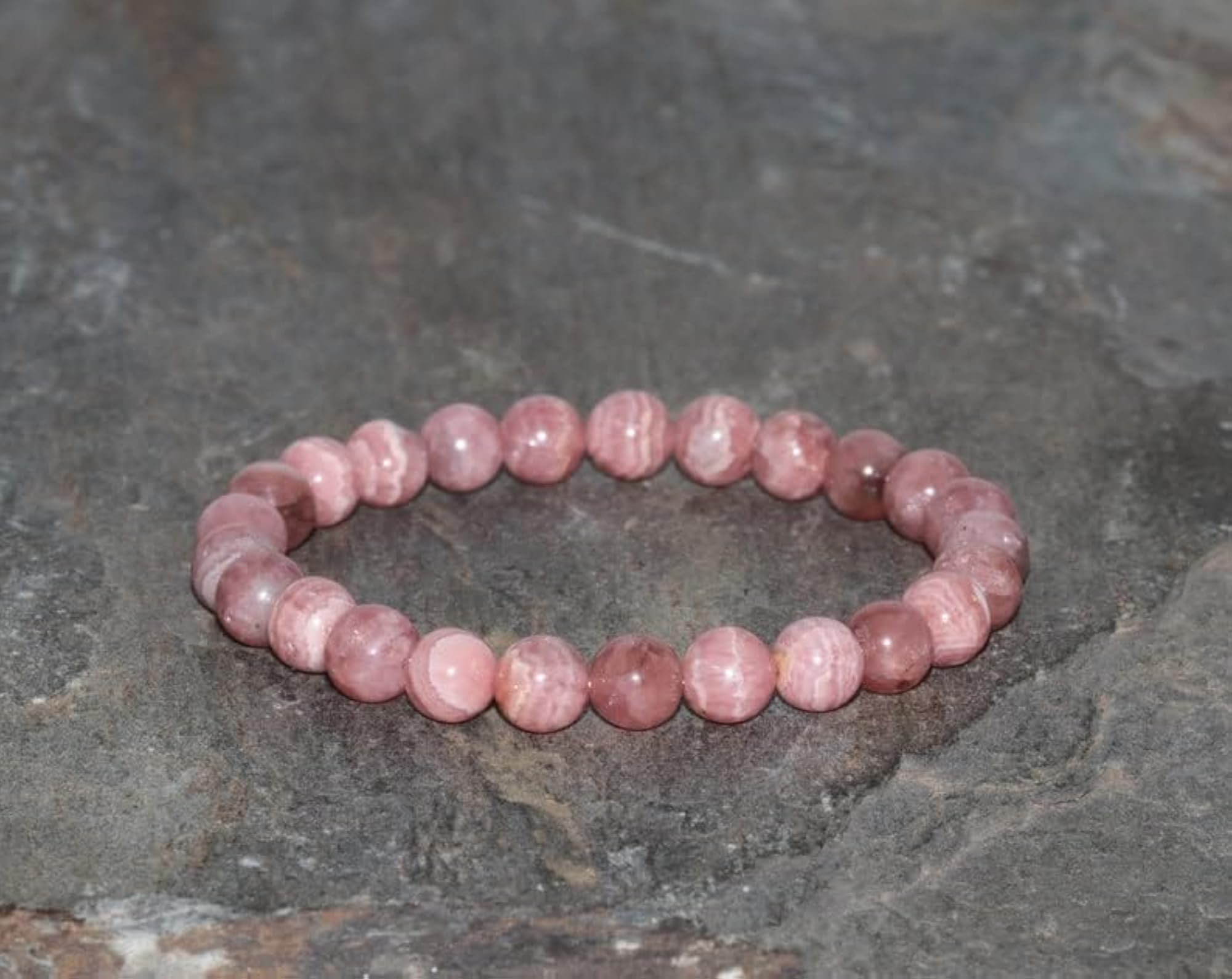 Unisex Natural Rhodochrosite 8mm Round Bead Stretchable Bracelet
