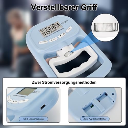 Griffkraft Messgerät, 396lbs /180kg Handkraftmessgerät, Digitales Hand Dynamometer, LED Bildschirm, Grip Strength Tester mit USB-Ladekabel