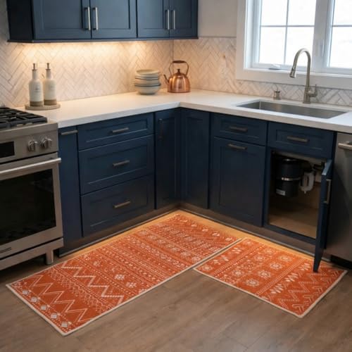 Image of HomeCloud Anti Fatigue Kitchen Rug Printed Thick Anti Slip, Washable, Big Size, Designer Folding Kitchen Mat for Home BedroomStandard Size (41 x 122 cm 41 x 61 cm) (Geomatric Orange)