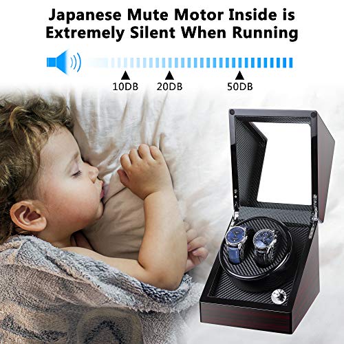 Kalawen Double Wooden Watch Winder for Automatic with Quiet Motor, Battery Powered or AC Adapter-5 Rotation Modes (Red)