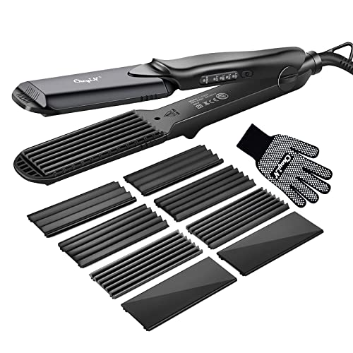 Hair Crimper CkeyiN Professional Crimping Iron and Straighter with Heat Resistant Glove Adjustable Temperature Dual Voltage 4 Interchangeable Ceramic Plates (Black)