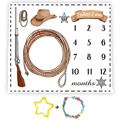 Image of Cowboy Theme Baby Monthly Milestone Blanket, 48x40in Soft Flannel, Gun Rope Backgrounds, Newborn Mom Gifts, Baby Shower Age Growth Tracker with Bonus Maker BTZSSS23