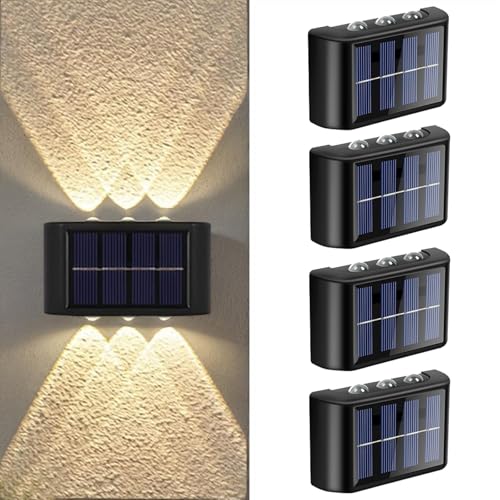 Hqynss Solar Wandleuchte Außen 4er Set, Up & Down Solarlampen mit 6 LEDs, IP65 Wasserdicht, Warmweiß 3000K 100 Lumen, Kabellos für Garten Balkon...