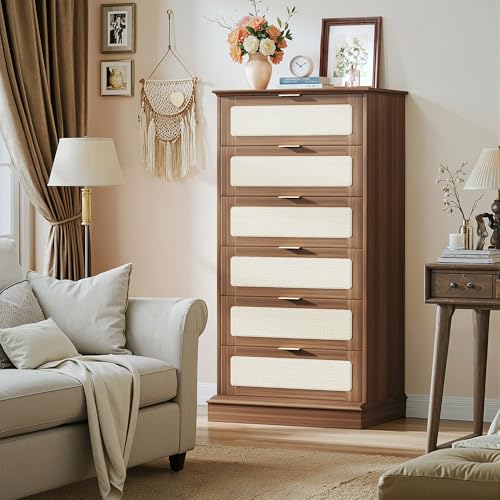 Image of HUAHUU 6 Drawer Dresser for Bedroom, 50 Inch Tall Dressers & Rattan Chest of Drawers, Mid Century Style, Wood Modern Dressers Organizer for Bedroom, Living Room, Hallway, Entryway, Walnut