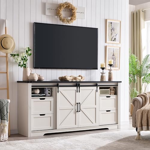 Image of 70 inchFireplace TV Stand for 80 Inch TV 32 inch Tall w /Drawer & Sliding Barn Door | Farmhouse 32 inch Tall Entertainment Center, 70 Inch Highboy Media Console for Living Room, Off White