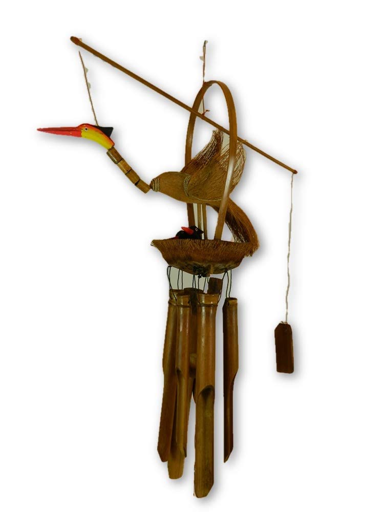 Thai Gifts Bamboo Bird Windchime - Hand Carved Crane With Babies Design