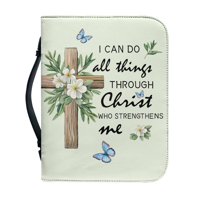 Kuiaobaty Lord Quotes Carrying Book Case Vegan PU Leather Bible Protective, Cross Flowers Bible Cover Christian Art Gifts for Mother,Wife,XL