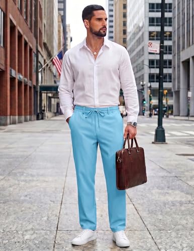 Image of COOFANDY Mens Cotton Linen Pants Casual Drawstring Summer Beach Pants Lightweight Linen Dress Trousers