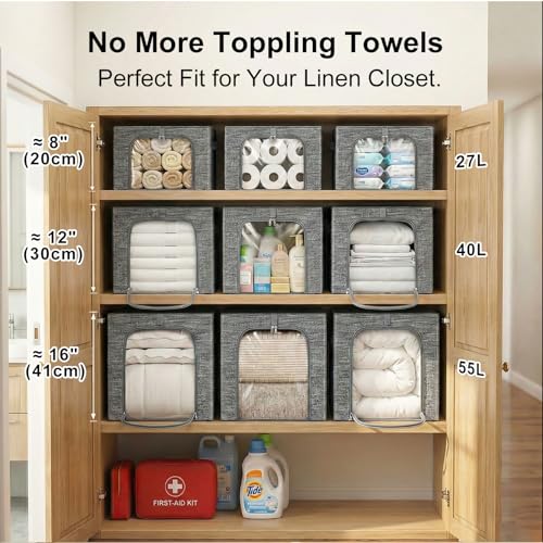 Image of GoMaihe Clothes Storage Bins Metal Frame: 3-Pack Compact Stackable Closet Storage Bin with Lid & Clear Window, Space Saving Organizer for Sweaters Kids Clothes (Dorm /Closet 27L)