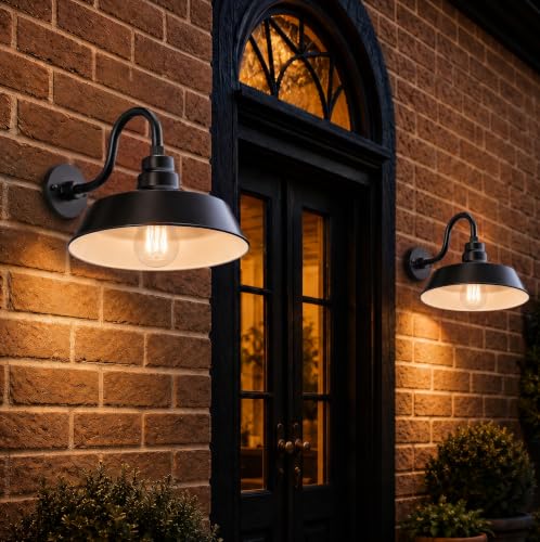 Image of 14in. Satin Black Outdoor Gooseneck Barn Light Fixture With 10in. Long Extension Arm - Wall Sconce Farmhouse, Antique Style - UL Listed - 9W 900lm A19 LED Bulb (5000K Cool White) - 2-Pack