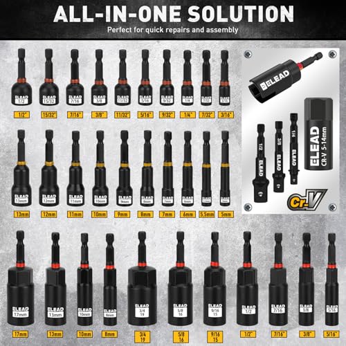 image for ELEAD 58-Piece Magnetic Impact Nut Driver Set, Metric & SAE Mini Combi
