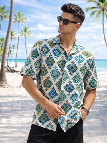 Image of Veirdo Men's Printed Camp Collar Shirt, Oversized Fit, Short Sleeve Casual Resort Wear, Button-Down Summer Shirt for Men, Cotton Fabric (Sizes S to 2XL)