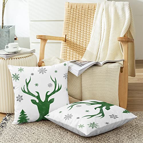 Calitime Throw Pillow Cases Pack Of 2 Cozy Watercolor Christmas Snowflakes Reindeer Tree Decorative Cushion Covers For Couch Bed Sofa Farmhouse Decoration 20 X 20 Inches Christmas Green #TOP3