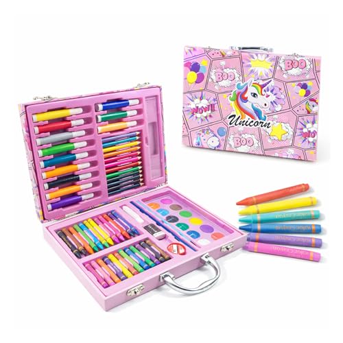 Image of WISHKEY 67 Pieces Art Set for Kids with Unicorn Theme Case, Art and Craft Supplies Kit for Drawing and Painting with Sketch Pen, Paint Colors, Brush, Color Pencils, Crayons (Pack of 1, Pink)