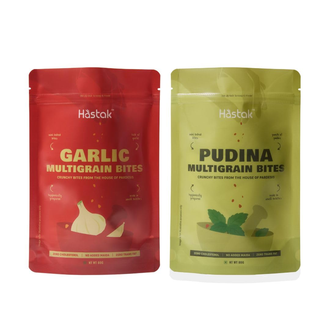 Hastak Baked Multigrain Toast Combo | Pudina and Garlic| Pack of 2, 80 gms each| Crunchy snack| Ready to eat| Baked| No added maida| No Cholesterol No Trans fat| 100% Vegeterian| Tea time snack