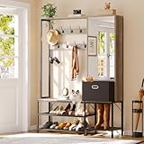 UPOSOJA Entryway Bench with Shoe Storage, 7-in-1 Hall Tree with Mirror Cabinet, Reversible Coat Rack, Fabric Drawer Metal Frame 9 Hooks for Hallway Mudroom Bedroom(Grey)