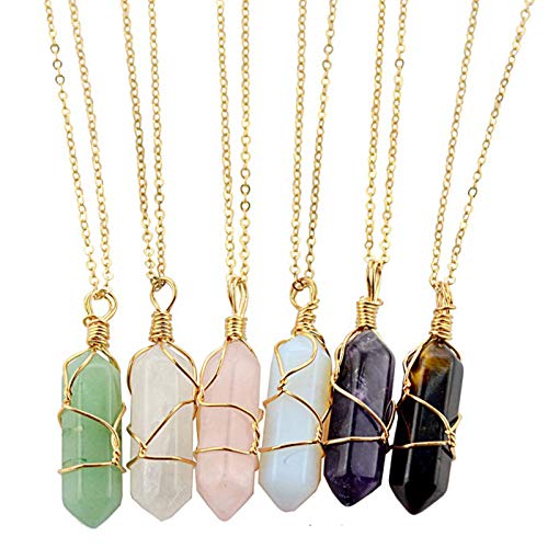 6 Pcs Hexagonal Crystal Pointed Quartz Natural Colorful Wire Wrapped Gemstone Stone Pendant Adjustable Necklace Friendship Couple Jewelry for Women