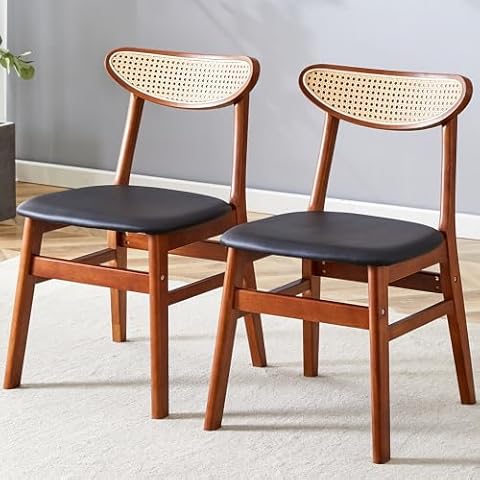 Aowos Solid Wood Dining Chairs Set of 2, PU Leather Upholstered Kitchen Chairs, Breathable Small Curved Backrest, Rubber Wood Frame, Farmhouse Armless Accent Chairs for Dining Room Coffee (Walnut, 2) Cover