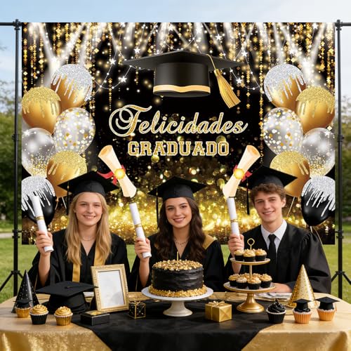 AIBIIN fondo graduación 7x5ft negro y dorado miniatura 3