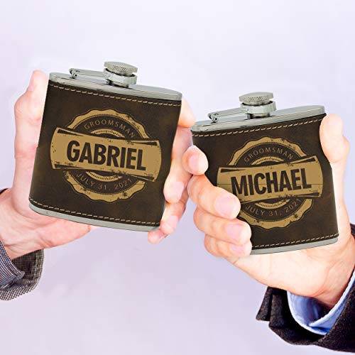 Premium Engraved Groomsmen Flasks - Personalized Wedding Favors - Custom Monogram Groomsman Gifts (Rawhide With Gold Writing) #TOP2