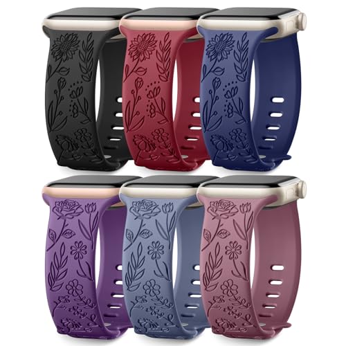Image of SNBLK 6 Pack Floral Engraved Bands Compatible with Apple Watch Bands 40mm 41mm 42mm 38mm 44mm 45mm 46mm 49mm Women Men, Silicone Flower Pattern Strap for iWatch Series 11 10 Se Ultra 9 8 7 6 5 4 3 2 1