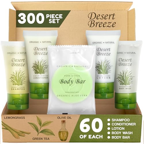 Desert Breeze Hotel Soaps & Toiletries Bulk Set | 1-Shoppe Amenities Kit | 1oz Shampoo & Conditioner, Body Wash, Lotion, Bar Soap | Travel Size | 300 Pieces