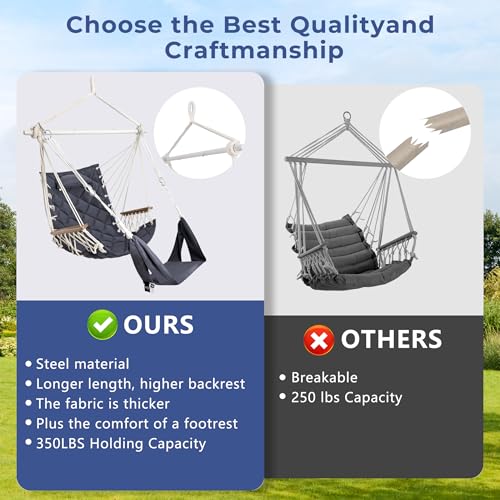 Image of Patio Swing Chair with Adjustable Footrest & Headrest-Quilted Fabric&Steel Spreader Bar,Wooden Armrest for Porch /Garden;350lbs Capacity;Hardware kit Included Dark Grey