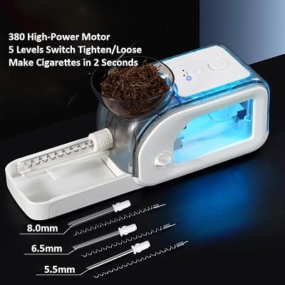 Transparent Electric Cigarette Rolling Machine Cigarette Injector with Automatic Tobacco Roller Maker Equipped with Breathing Light 3 in 1 for Size of 5.5mm/6.5mm/8.0mm (White, One Size)