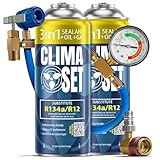 ClimaSet - 2 x 3-in-1 R134a Kältemittel, Öl, Dichtmittel & 1 x Schlauch mit Adapter - Klima Selbst Befüllen Set - Nachfüllset, Autoklima Nachfüllen - 340g