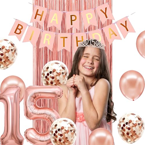 Image of 15th Birthday Decorations for Girls,Banner,Backdrop, it's my 15th Birthday Sash, Sweet Rhinestone Tiara Crown,Balloons