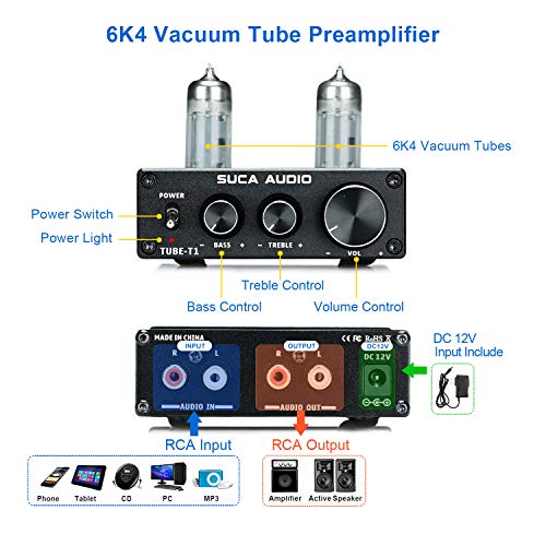 Suca Audio Tube Preamplifier For Home Audio Player Mini Hi-Fi Stereo Preamp With Treble & Bass Control (6K4 Tubes) #TOP2