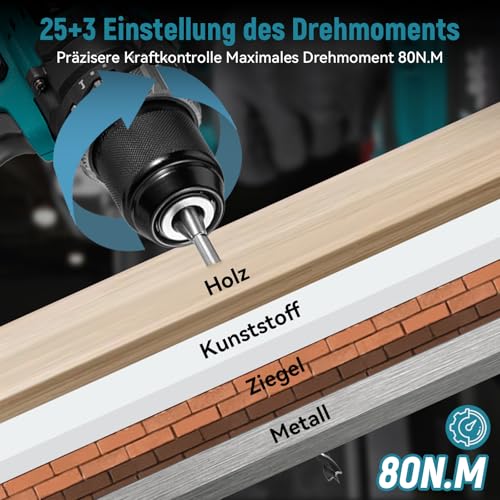 Yofidra Taladro Percutor A Bateria 21 V, Destornillador Electrico Máximo 80 N.M, Portabrocas 13 MM, 2 Velocidades, Taladro Atornillador Baterías de 2 x 3,0 Ah, 25 + 3 Niveles De Torsión con Luz LED - imagen 3