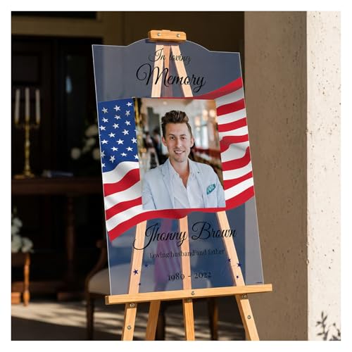 Image of Personalized in Loving Memory Funeral Sign with Photo - USA Patriotic Memorial Signs - Memory Sign for Funerals - Celebration of Life Decorations