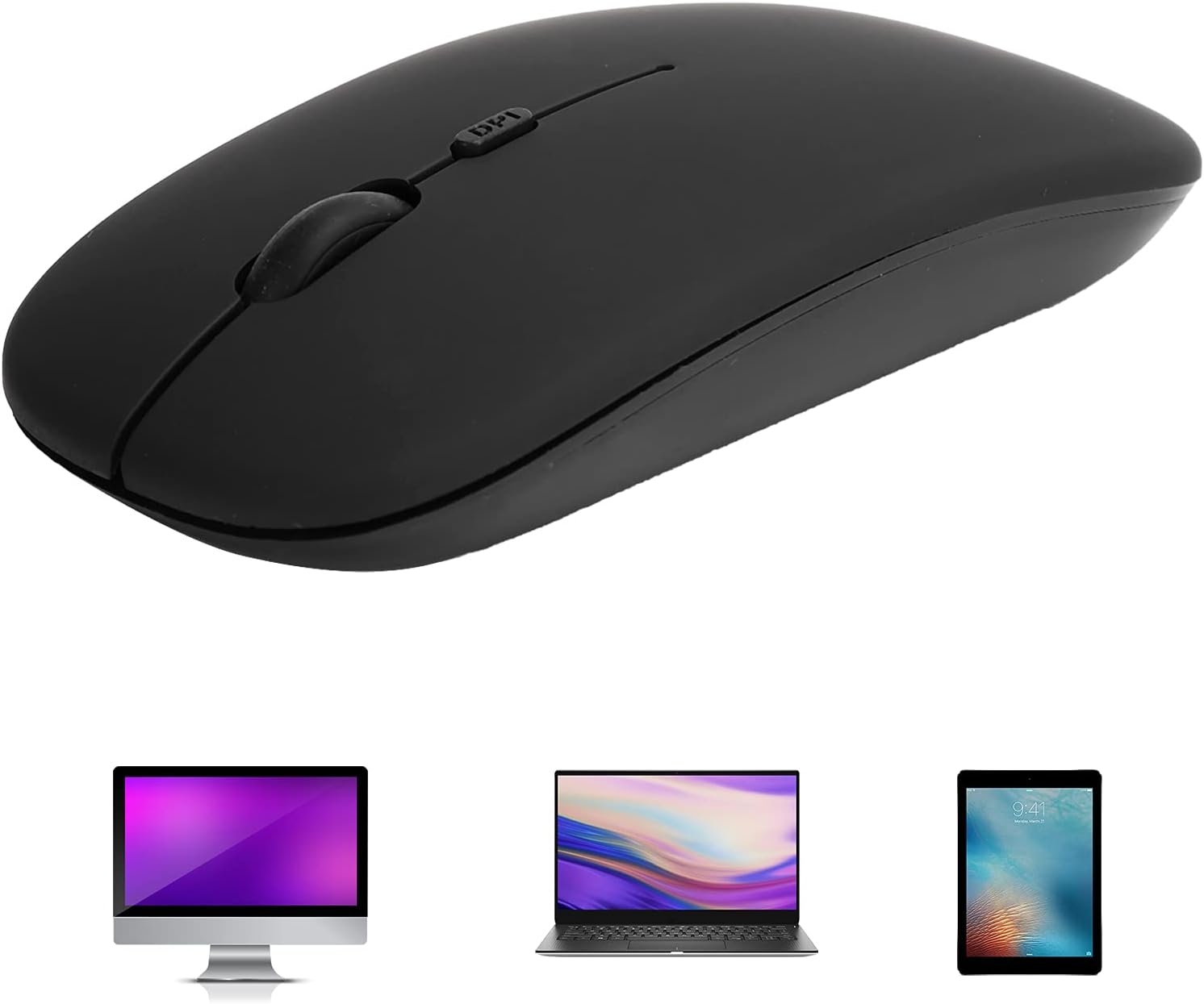 Vipxyc Wireless Bluetooth Mouse displayed with various compatible devices: a desktop computer, a laptop, and a tablet.