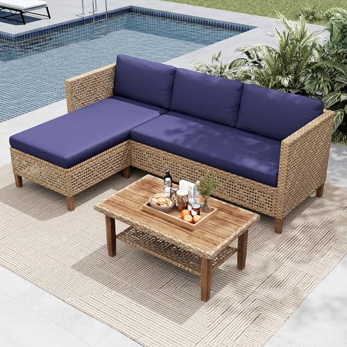 MFSTUDIO Wicker Patio Furniture Set, L Shaped Outdoor Couch Set, Rattan Outdoor Sectional Sofa with Acacia Wood Coffee Table, 3 Pieces Small Patio Conversation Set for Backyard, Navy Blue