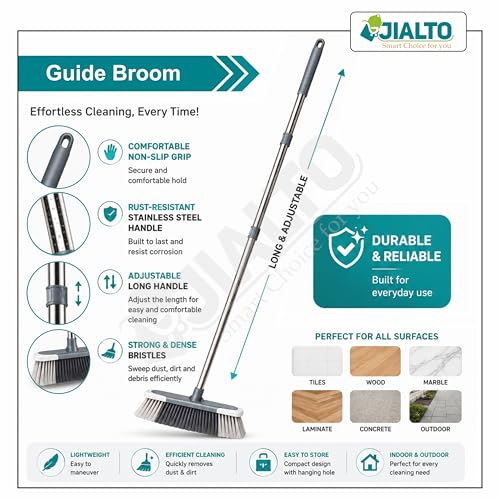 Image of JIALTO Floor Cleaning Broom with Long Stainless Steel Handle, Soft Dense Bristles, Adjustable Extendable Rod, Multipurpose Sweeping Brush for Home, Kitchen, Bathroom & Outdoor Cleaning