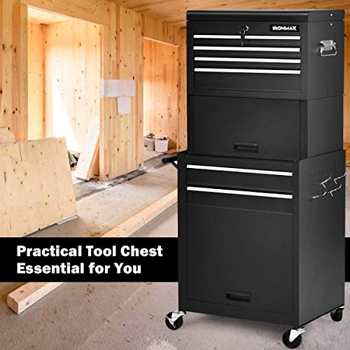 Goplus 6-Drawer Rolling Tool Chest w/Riser, 3 in 1 Rolling Tool Box w/Keyed Locking System, Detachable Top Box, Side Handle, Toolbox Organizer for Workshop Garage