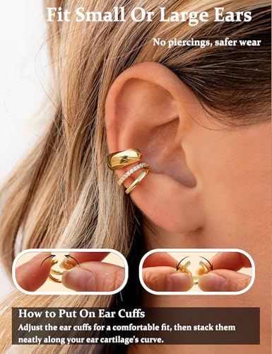 Dainty Small Ear Cuff for Women - Trendy 14K Gold Plated CZ Non Piercing Cartilage Earring Set Jewelry Gift2